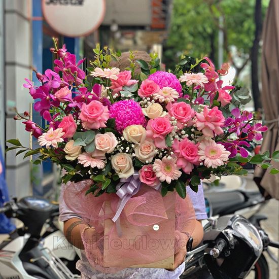 giỏ hoa hồng, cúc mẫu đơn hồng - HG308