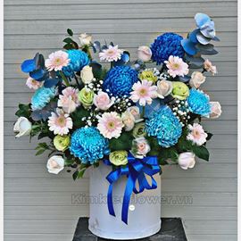 Giỏ hoa cúc mẫu đơn xanh , đồng tiền - HG321