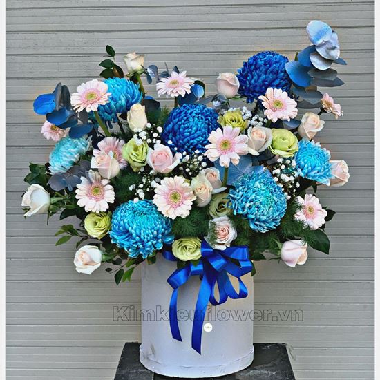 Giỏ hoa cúc mẫu đơn xanh , đồng tiền - HG321