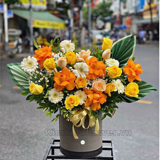 Giỏ hoa hồng  cam , đồng tiền - HG323 