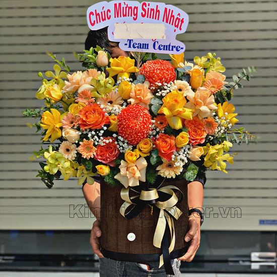Giỏ hoa cúc mẫu đơn cam , hoa hồng - HG324