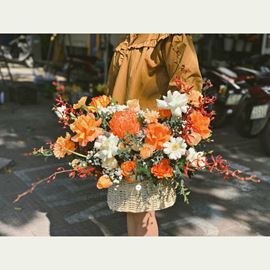 Giỏ hoa hồng cam , lan đỏ - HG328
