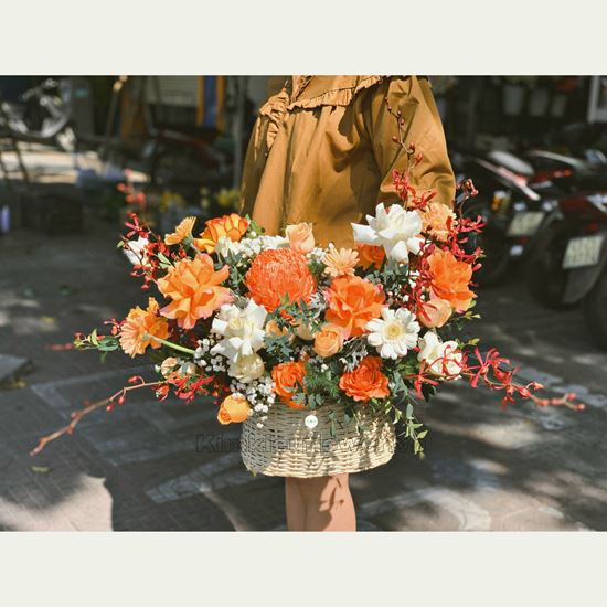 Giỏ hoa hồng cam , lan đỏ - HG328