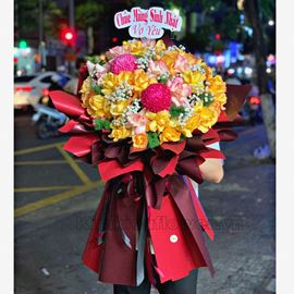 Bó hoa hồng cam, cúc mẫu đơn - HB314