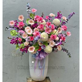 Bình hoa cúc mẫu đơn trắng, hoa hồng - BI186