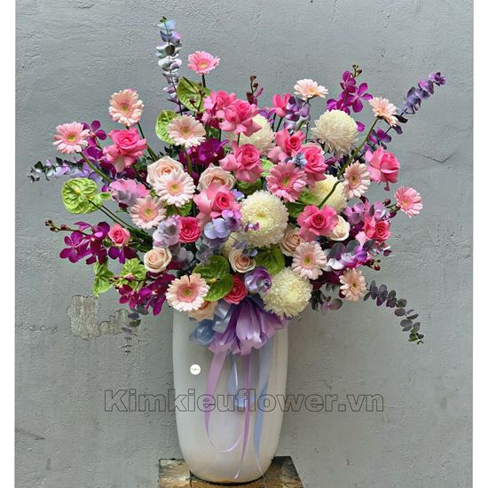 Bình hoa cúc mẫu đơn trắng, hoa hồng - BI186