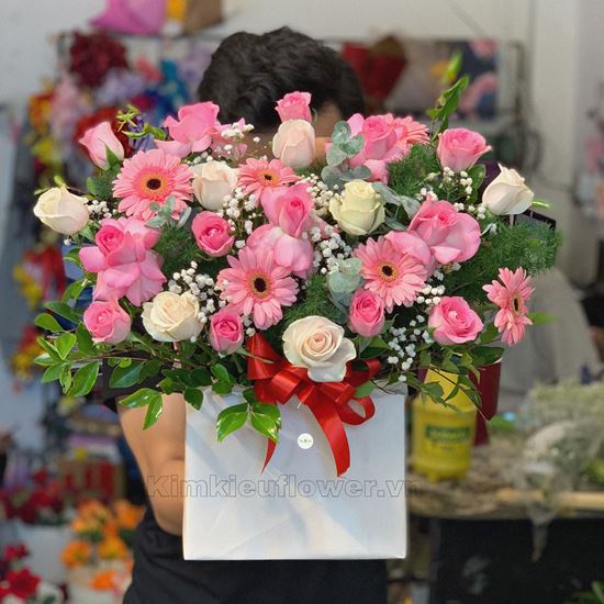 giỏ hoa hồng dâu, đồng tiền - HG277