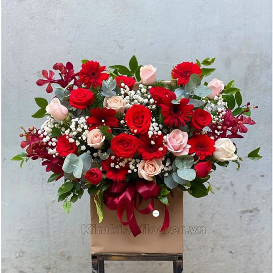 giỏ hoa hồng đỏ, đồng tiền- HG282