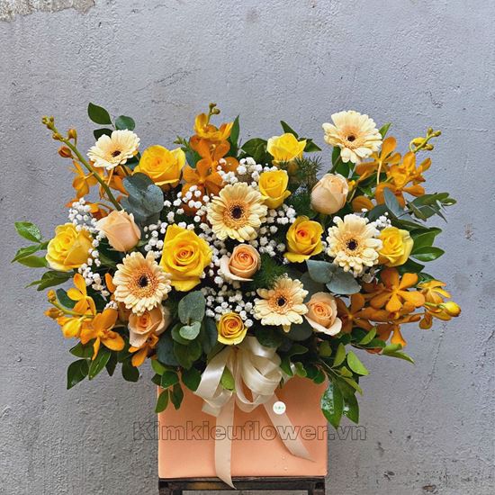 giỏ hoa hồng vàng, đồng tiền - HG281