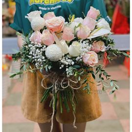 Bó hoa cưới hoa hồng, pingpong trắng - HC52