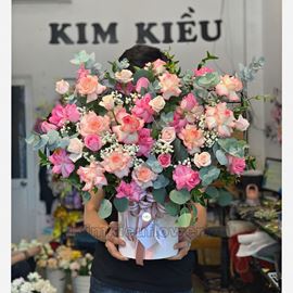 giỏ hoa hồng hỷ viền, hồng dâu - HG343