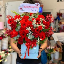 Giỏ hoa hồng đỏ, đồng tiền đỏ - HG344