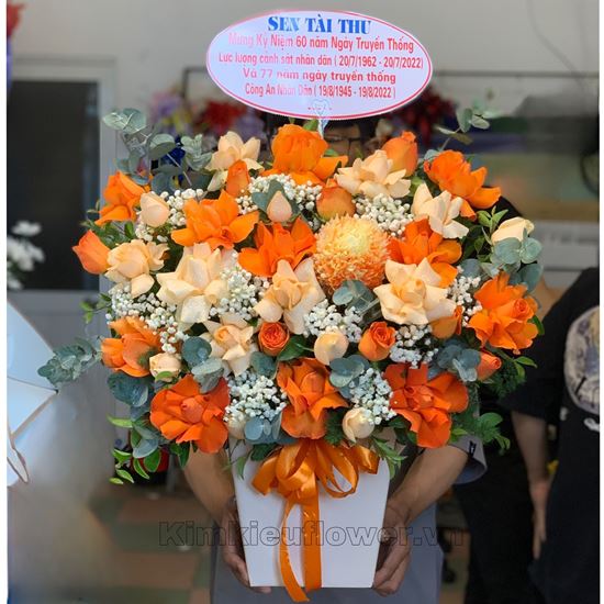 giỏ hoa cúc mẫu đơn, hoa hồng cam - HG347