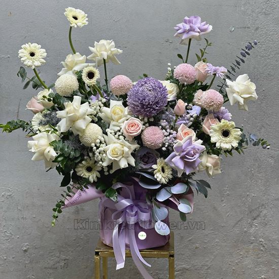 giỏ hoa cúc mẫu đơn, hoa hồng tím - HG352