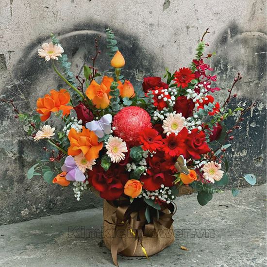 giỏ hoa  cúc mẫu đơn, hoa hồng -HG353