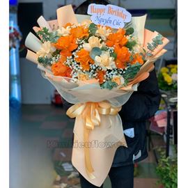 bó hoa hồng cam, mõ gà -HB340