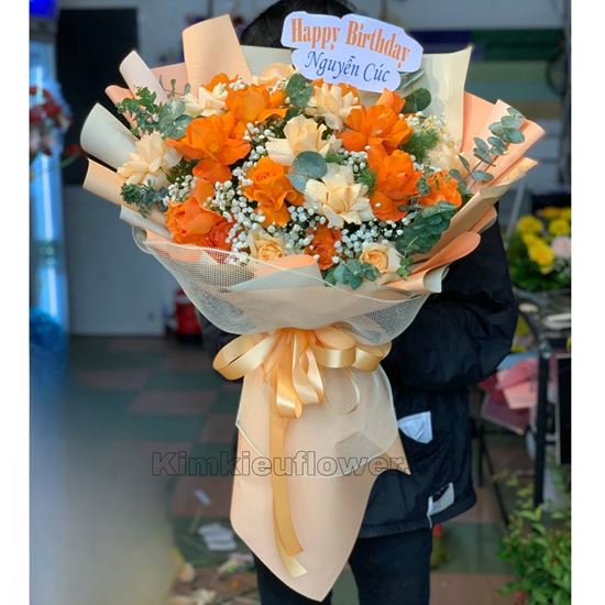 bó hoa hồng cam, mõ gà -HB340