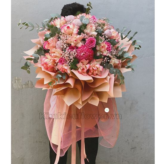 bó hoa hồng hỷ trứng, cúc mẫu đơn - HB347