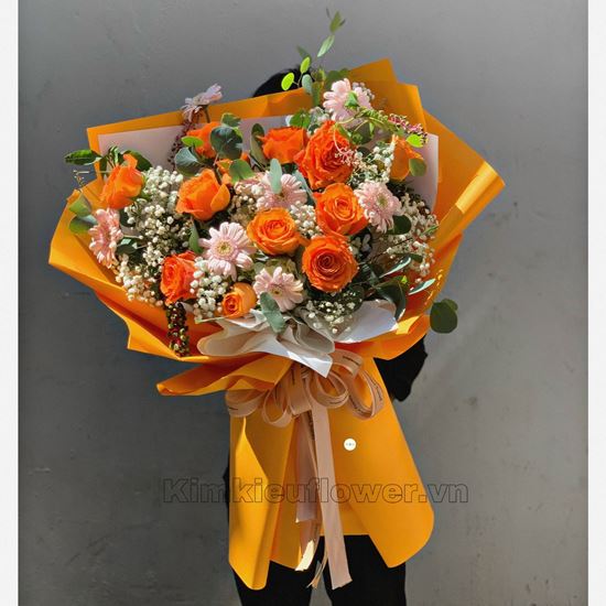 Bó hoa hồng cam , đồng tiền nhí - HB353