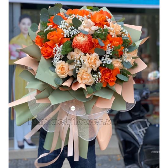 Bó hoa cúc mẫu đơn, hồng cam - HB356