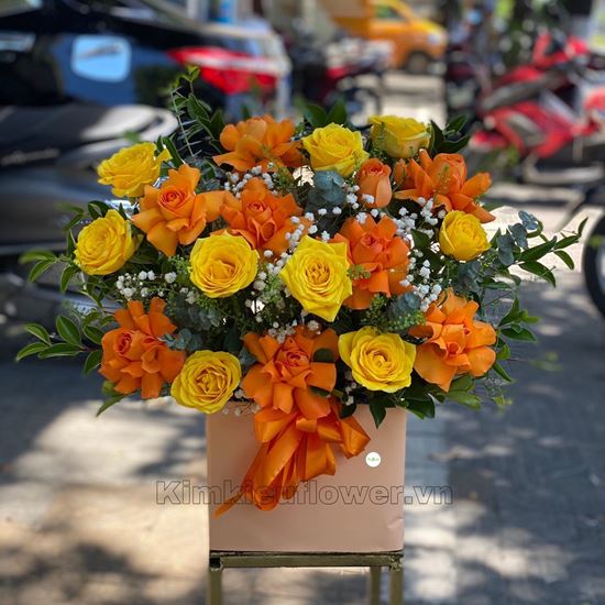 giỏ hoa hồng vàng, cam - HG356