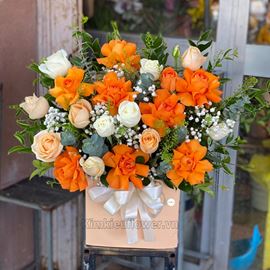 giỏ hoa hồng cam, trắng -HG360