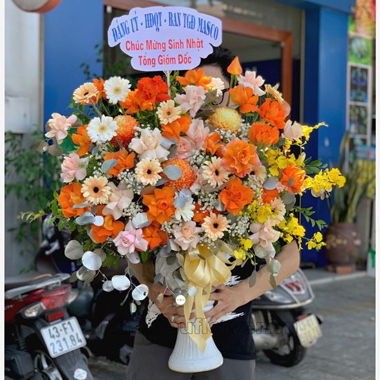 Bình hoa cúc mẫu đơn cam, hồng cam - BI192