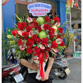 Bình hoa hồng đỏ, cúc mẫu đơn xanh - BI193