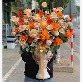 Bình hoa hồng cam, đồng tiền - BI201