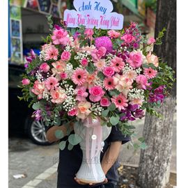 Bình hoa hồng đại hỷ, cúc mẫu đơn hồng - BI147