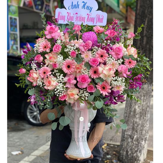 Bình hoa hồng đại hỷ, cúc mẫu đơn hồng - BI147