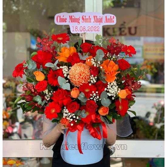 giỏ hoa hồng, cúc mẫu đơn- HG373