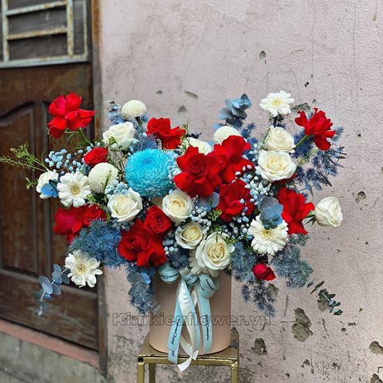 giỏ hoa cúc mẫu đơn, hồng đỏ -  HG375