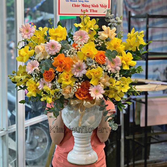 Bình hoa hồng cam, lan vàng - BI212