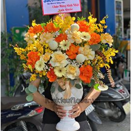 Bình hoa hồng cam, lan vàng - BI214