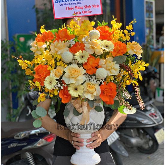 Bình hoa hồng cam, lan vàng - BI214