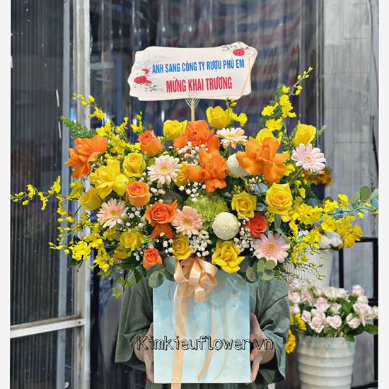 Giỏ hoa cúc mẫu đơn, lan vũ nữ - HG380