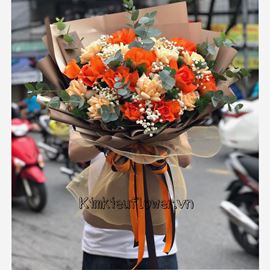 Bó hoa hồng cam, mỡ gà - HB362