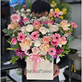 giỏ hoa hồng hỷ viền, đồng tiền - HG387