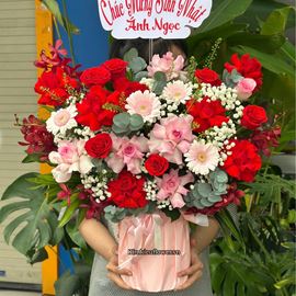 Picture of Giỏ hoa chúc mừng tone đỏ hồng - HG1080