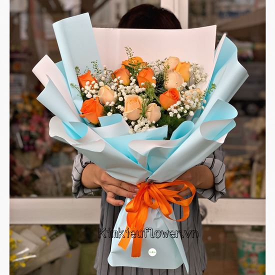 Bó hoa hồng cam, mỡ gà - HB372