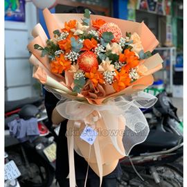 Bó hoa hồng cam, cúc mẫu đơn - HB310