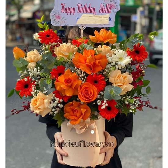 Giỏ hoa hồng cam, đồng tiền nhí - HG399