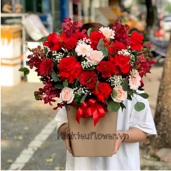 Giỏ hoa hồng đỏ, lan đỏ - HG401