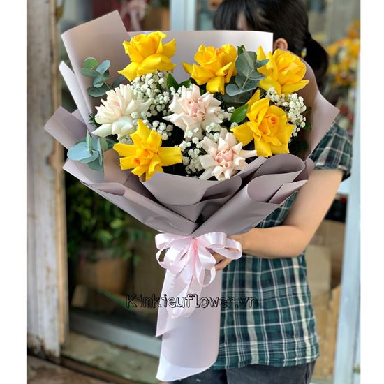 Bó hoa hồng kem, vàng - HB390