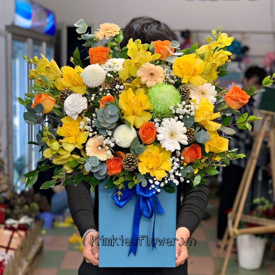 Giỏ hoa cúc mẫu đơn, lan vàng  - HG504