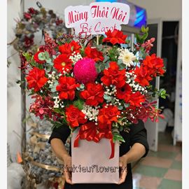 Giỏ hoa hồng đỏ, cúc mẫu đơn - HG505