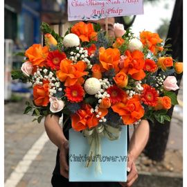 Giỏ hoa hồng cam,pingpong trắng - HG509