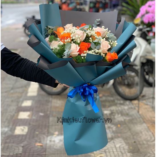 Bó hoa hồng cam, kem - HB405