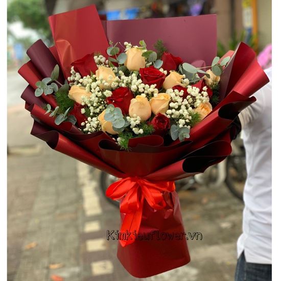 Bó hoa hồng đỏ, mỡ gà - HB406